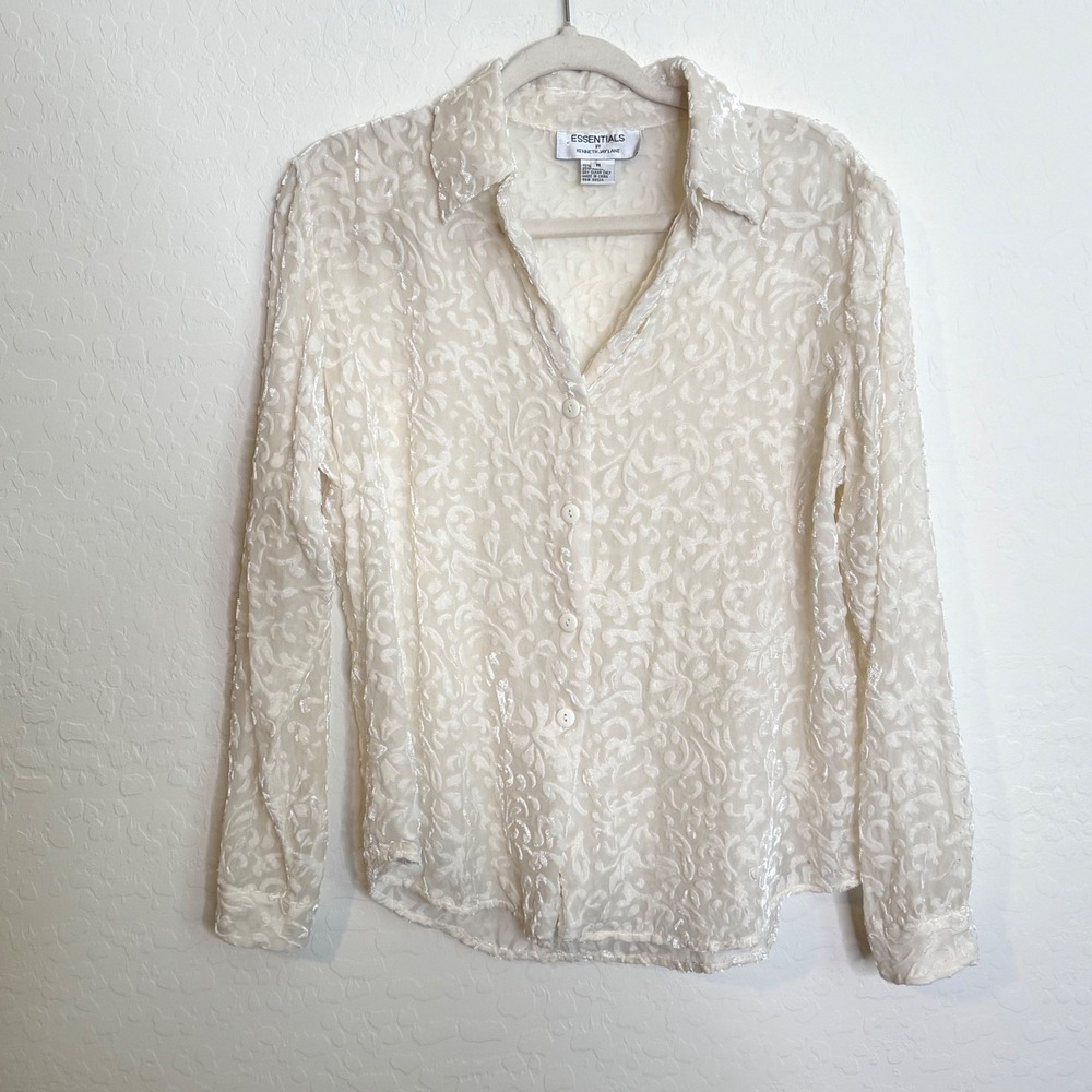Y2K Essentials Women Silk Blend Blouse M Cream Burnout Velvet Floral Damask Top